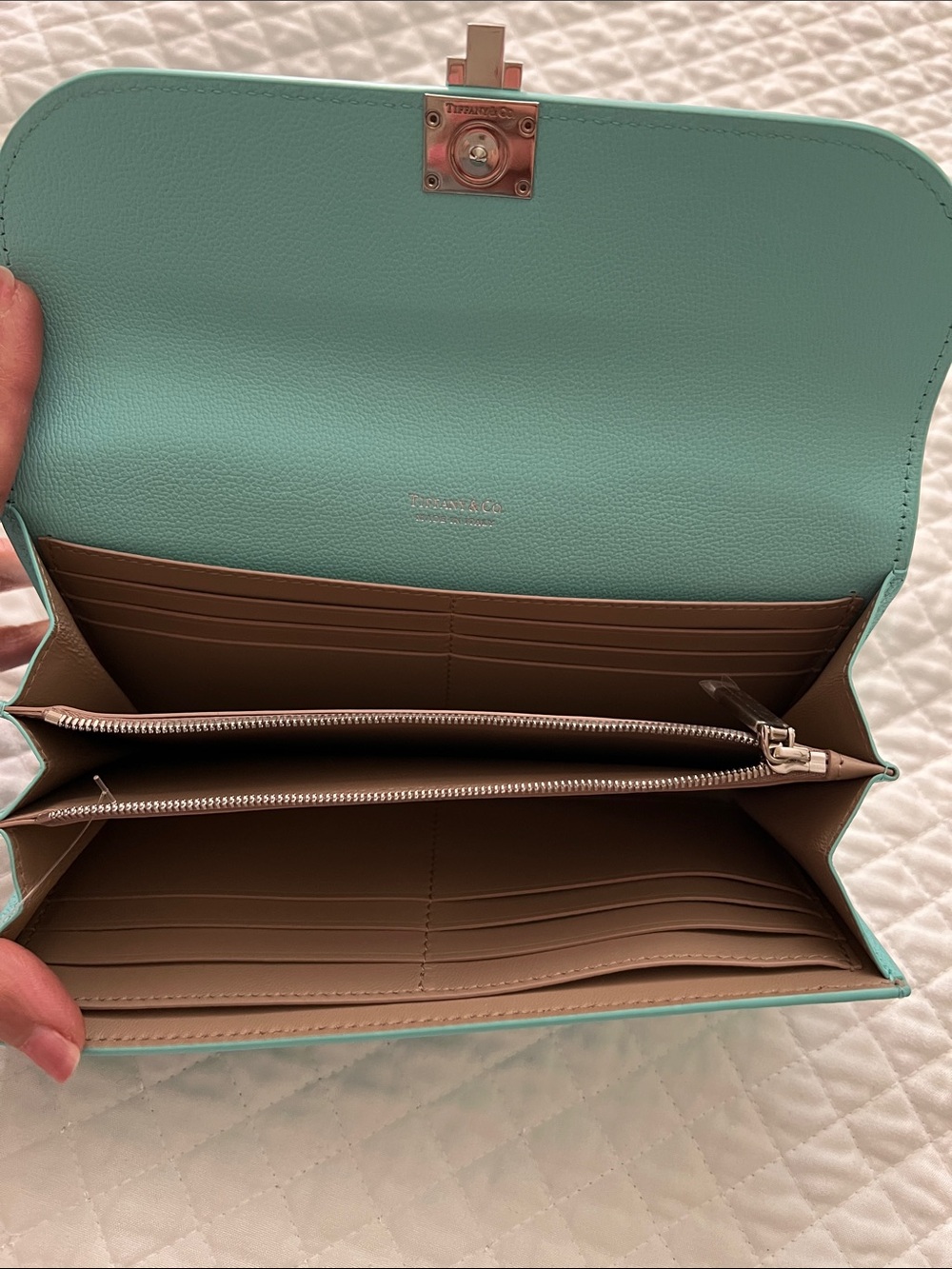 New! Tiffany & Co. Turquoise Leather Clutch with Silver-Tone Push Lock - Picture 5 of 11